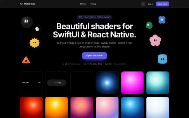 MetalForge — Beautiful Metal shaders for SwiftUI — MetalForge is a tool for developers that allows them to create and customize metal shaders for SwiftUI and React Native without writing shader code.