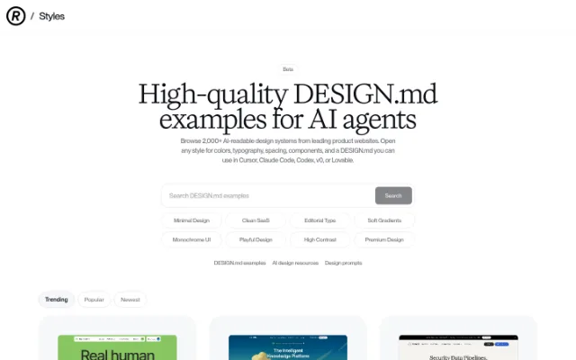 Refero Styles — Refero Styles is a platform that provides high-quality DESIGN.md examples for AI agents, allowing them to learn from real product screens and user flows.