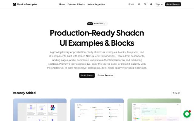 Shadcnexamples: Shadcn UI Components and Blocks — Shadcn UI Components and Blocks is a collection of production-ready UI components and blocks for building web applications, with a focus on React, Next.js, and Tailwind CSS.