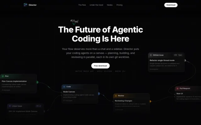 Director — The (actual) Future of Agentic Coding — Director is a real Mac app that allows users to manage their coding agents on a canvas, with features such as parallel worktrees, isolated checkouts, and a native UI.
