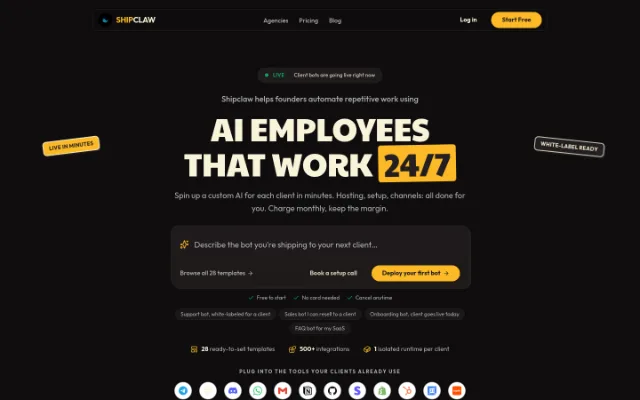 ShipClaw — ShipClaw is a platform that helps agencies automate repetitive work using AI, with features such as isolated runtime, repeatable deployment, and clean pricing.
