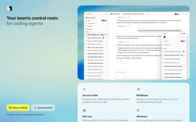 Open Session · Your team’s control room for coding agents — Open Session is an open-source cloud-based agent orchestrator.