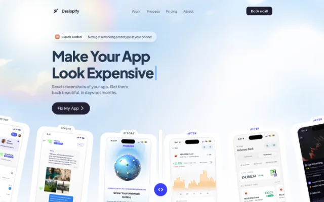 Deslopify | Ugly App In. Beautiful App Out. — Deslopify is a design service that redesigns app screens, providing polished designs and real code for iOS apps.