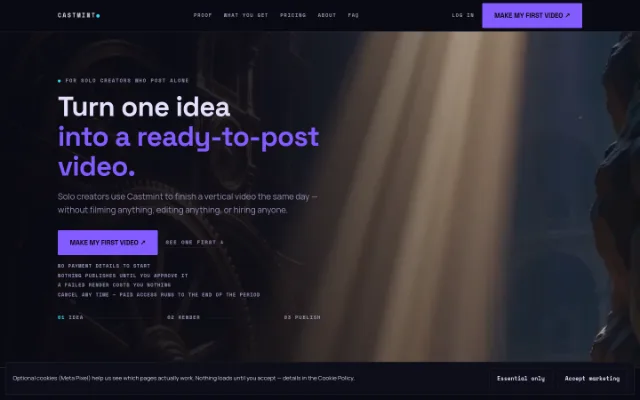 Castmint — Castmint is a tool for generating AI videos from text input, allowing users to create videos for TikTok, YouTube Shorts, and Reels in minutes.